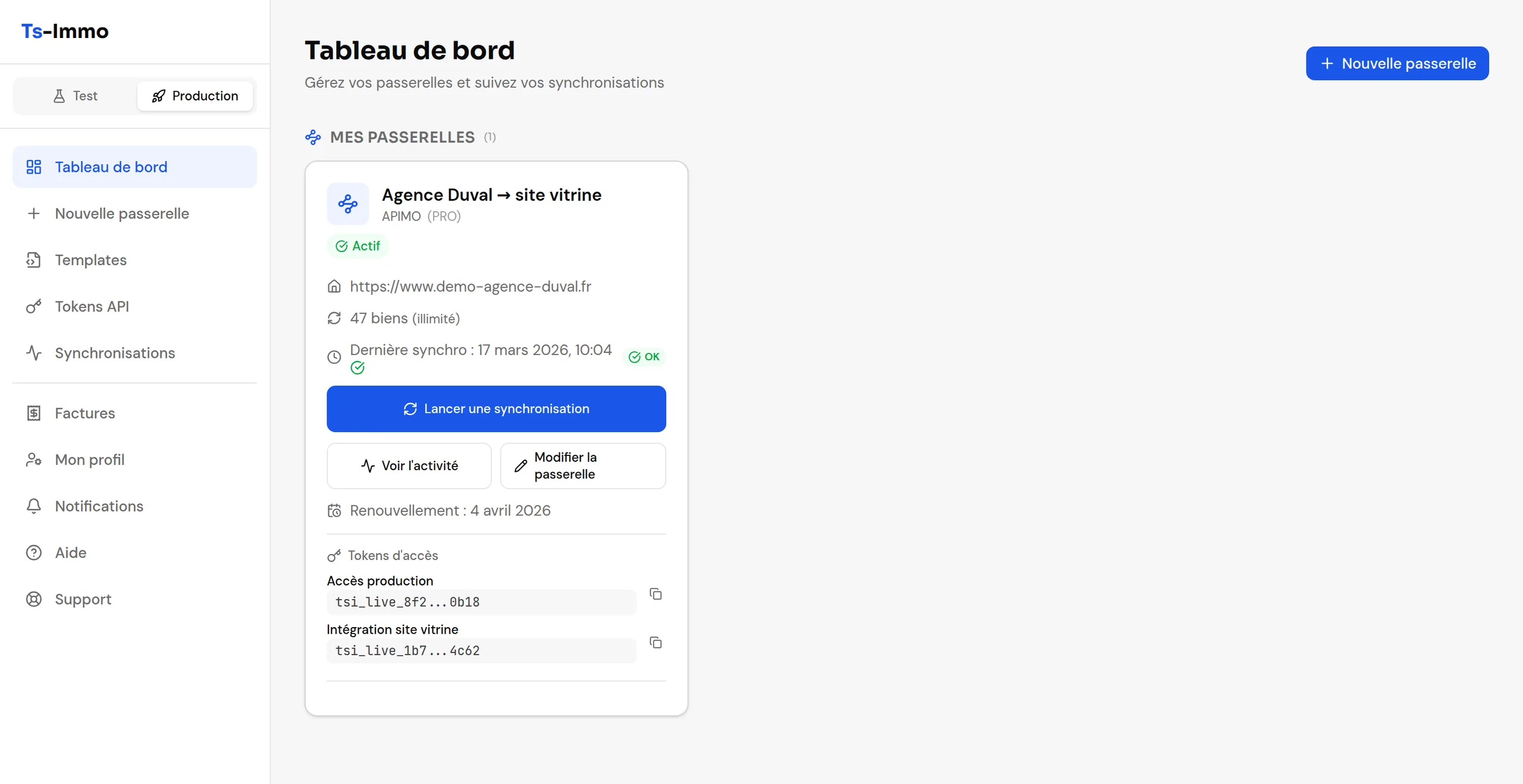 Ts-Immo dashboard: gateway card with active status, property count and last sync